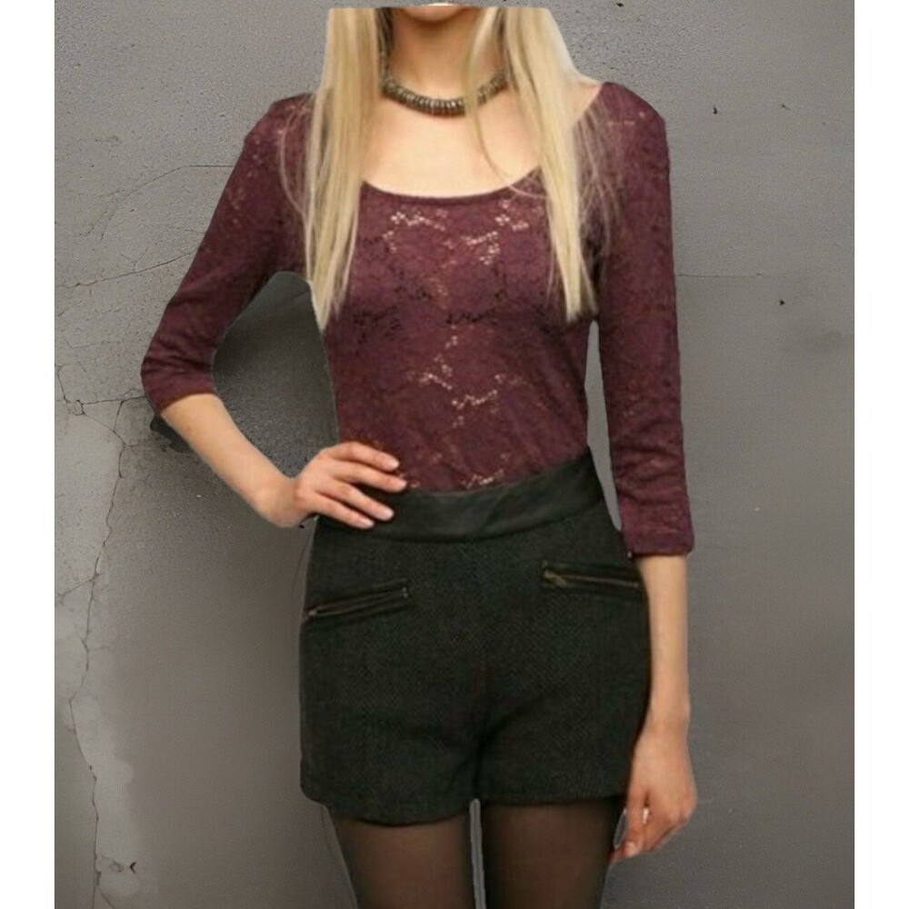 Pins and Needles Plum Sheer Lace Pullover Scoop Neck 3/4 Sleeve Blouse Large NWT
